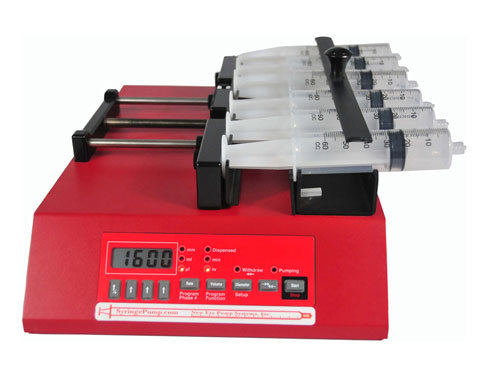 Six Channel Programmable Syringe Pump for Electrospinning, Electrospray, Microfluidics (0.452 &amp;#181;L/hr (1 mL syringe) to 1451 mL/hr (60 mL syringe))- MK-1600- Six Channel Syringe Pump 